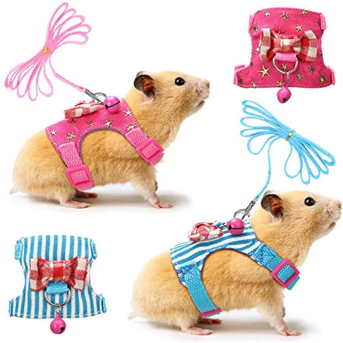 SATINIOR 2 Pieces Small Hamster Harness and Leash Set Guinea Pig Clothes with Bowknot Bell and Bell Decor No Pulling Comfort Padded Vest Striped for Guinea Pig Hamster Ferret Rats(Blue Stripe M)