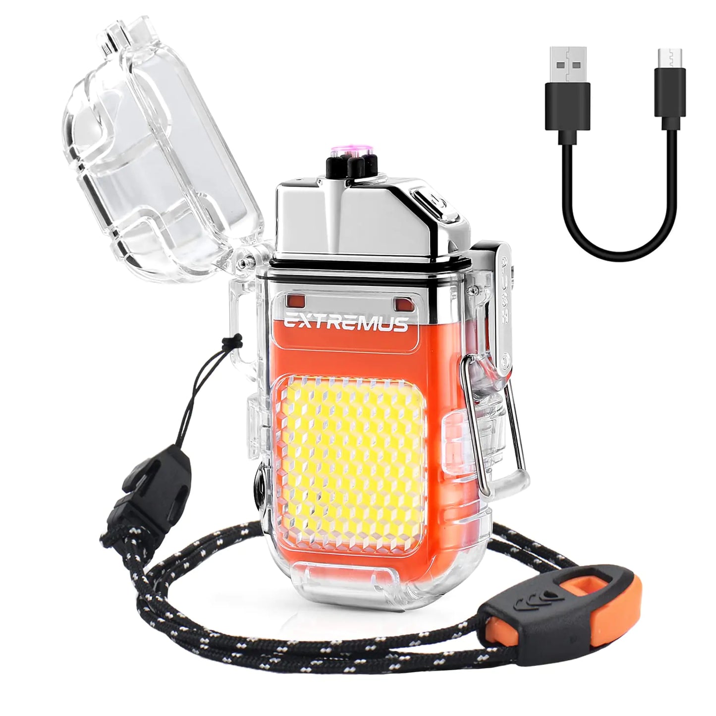 Extremus Blaze 360 Rechargeable Electric Lighters Dual Arc Lighter Windproof Plasma Lighter Waterproof Lighter Flameless Lighter with Whistle Lanyard for Camping (Orange Flash)