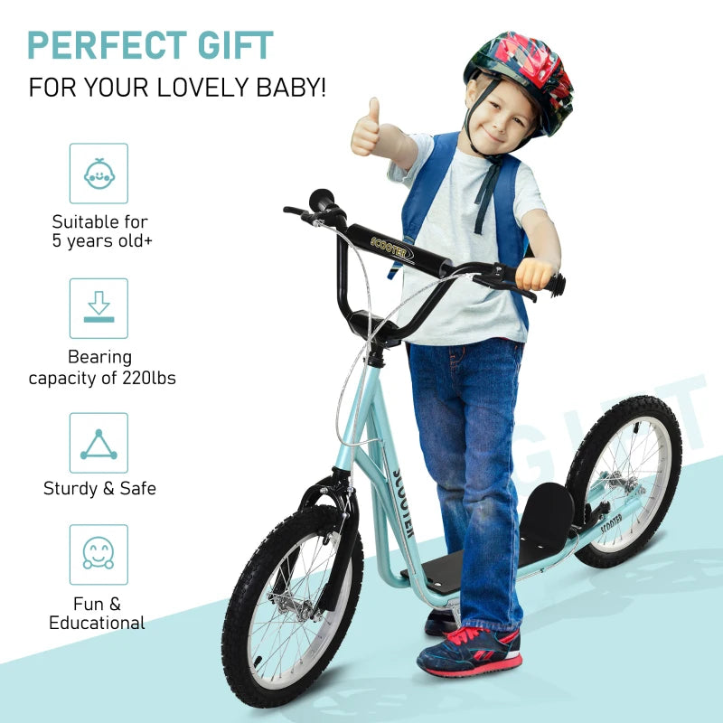 Kids Kick Scooter for 5+ Year Old, Kids Ride on Toy w/ 16'' Inflatable Wheel Dual Brakes, Blue