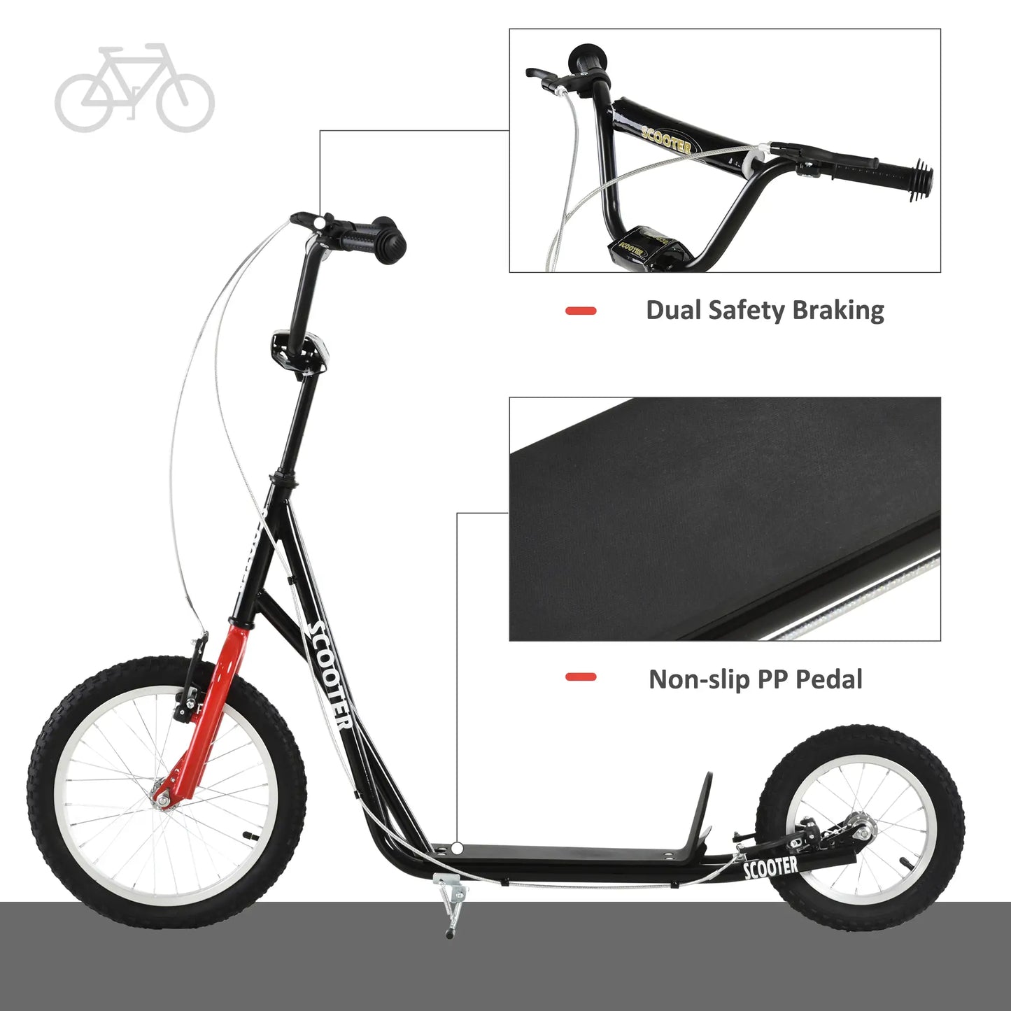 Youth Kick Scooter with Adjustable Handlebar and 16'' Inflatable Rubber Wheel for Kids and Teens 5+ Year Old, Black