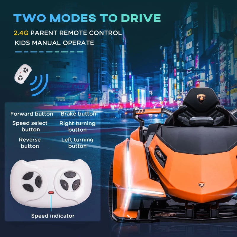 Kids Ride On Sports Car, 12V Battery Powered Electric Toy w/Parent Remote Control, Horn, Music & LED Headlights Taillights for 3-6 Years Old Orange
