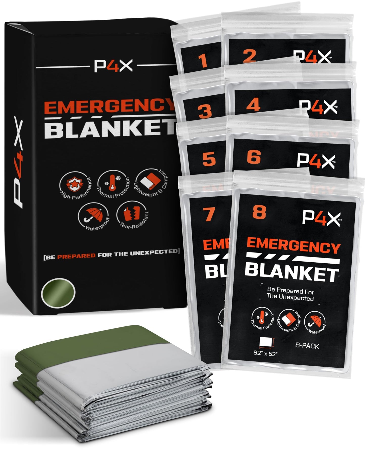 PREPARED4X Mylar Blankets 8 Pack - Waterproof Emergency Blanket - Rip and Tear Resistant Survivalist Gear - Emergency Thermal Blanket for Outdoor Survival
