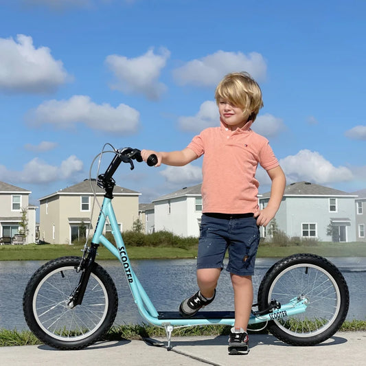 Kids Kick Scooter for 5+ Year Old, Kids Ride on Toy w/ 16'' Inflatable Wheel Dual Brakes, Blue