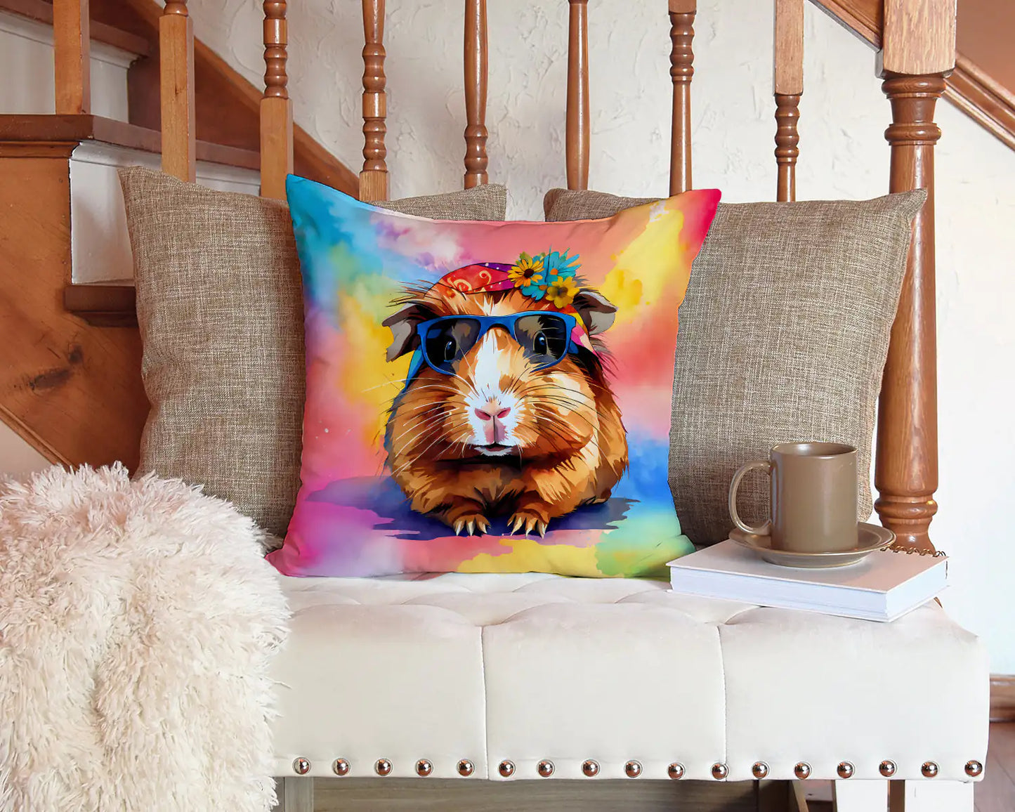 Hippie Animal Guinea Pig Throw Pillow 14 in x 14 in