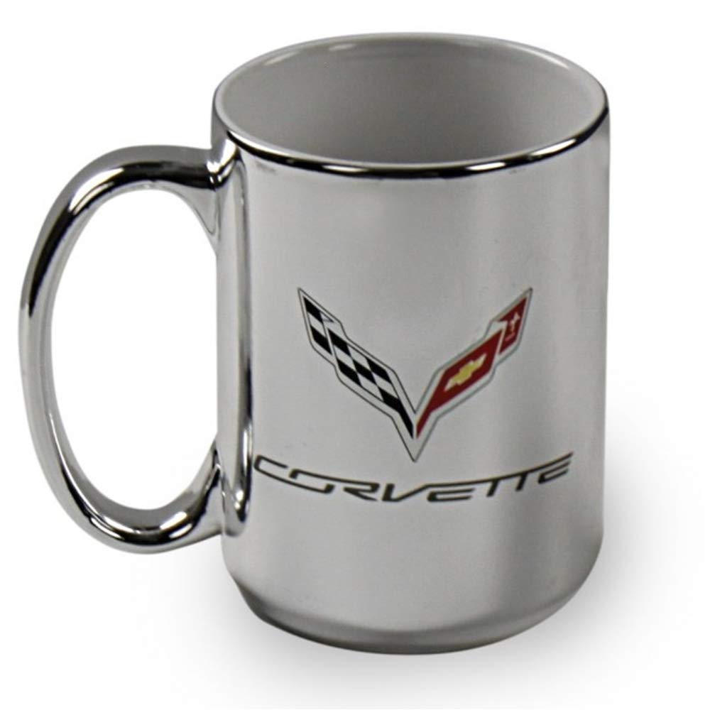C7 Corvette Stingray Coffee Mug - Silver 15 oz. - Crossed Flags Logo Ceramic Cup
