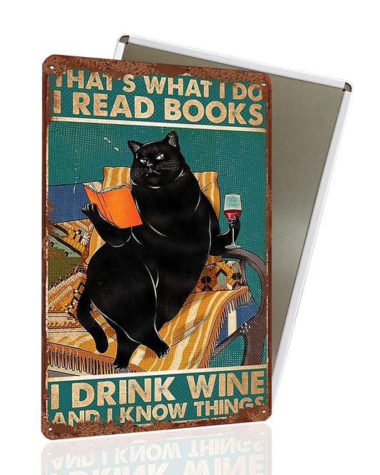 Vintage Black Cat Metal Sign Funny Cat Reading Book Sign Cat Drinking Wine Sign Wall Decor for Home Retro Metal Tin Sign Metal Cat Sign Home Decor For Cat Lovers 8x12″