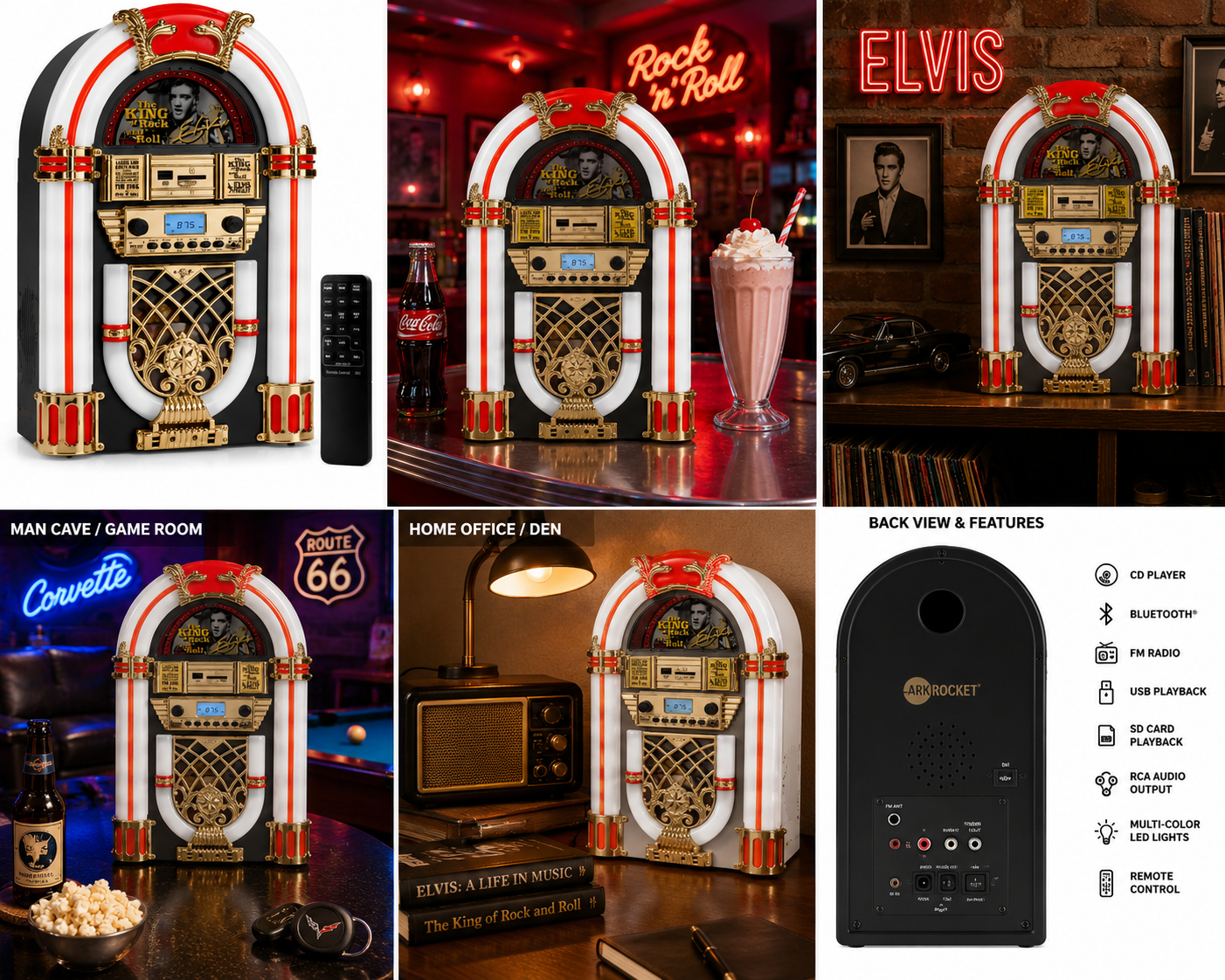 Arkrocket x Elvis Presley Mini Jukebox/Tabletop CD Player/Bluetooth Speaker/Radio/USB and SD Card Player with Retro LED Lighting System (Limitied Edition) Black Gloden