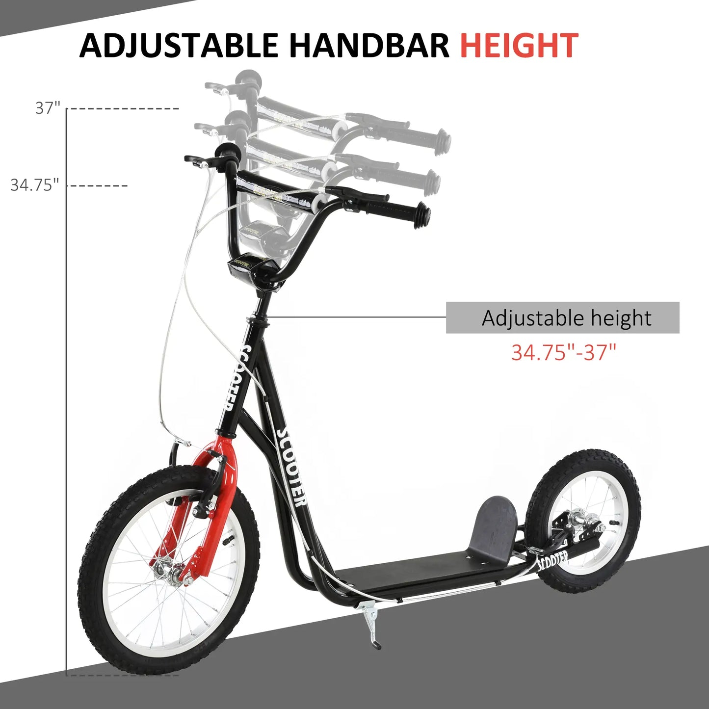 Youth Kick Scooter with Adjustable Handlebar and 16'' Inflatable Rubber Wheel for Kids and Teens 5+ Year Old, Black