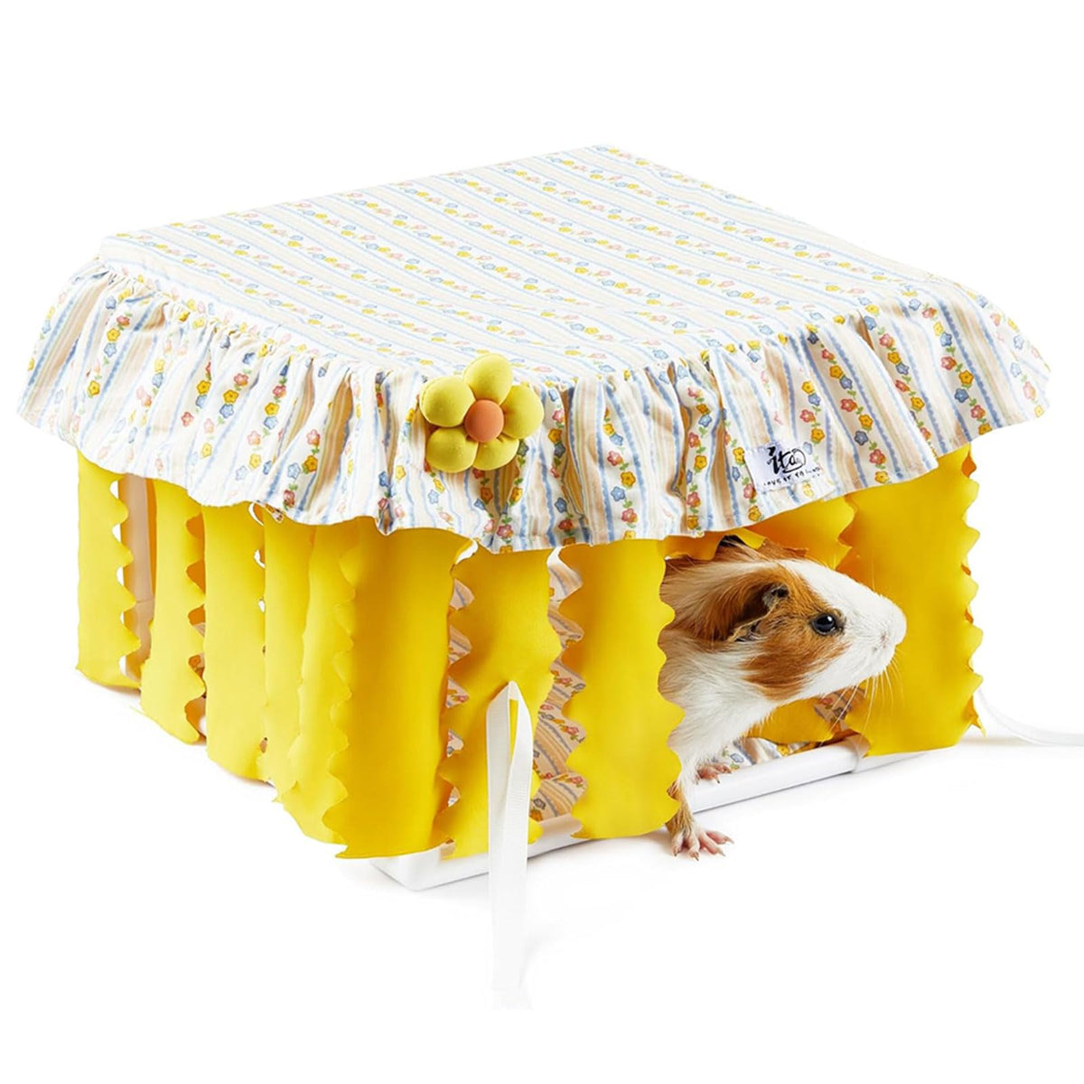 Guinea Pig Hideout Guinea Pig Bed With Mat Curtain Machine Washable Sturdy Guinea Pig House Hide Habitat Hut Guinea Pig Toys for Cage Rat Bed for Small Animal Hamster Hedgehog Rats (Yellow)