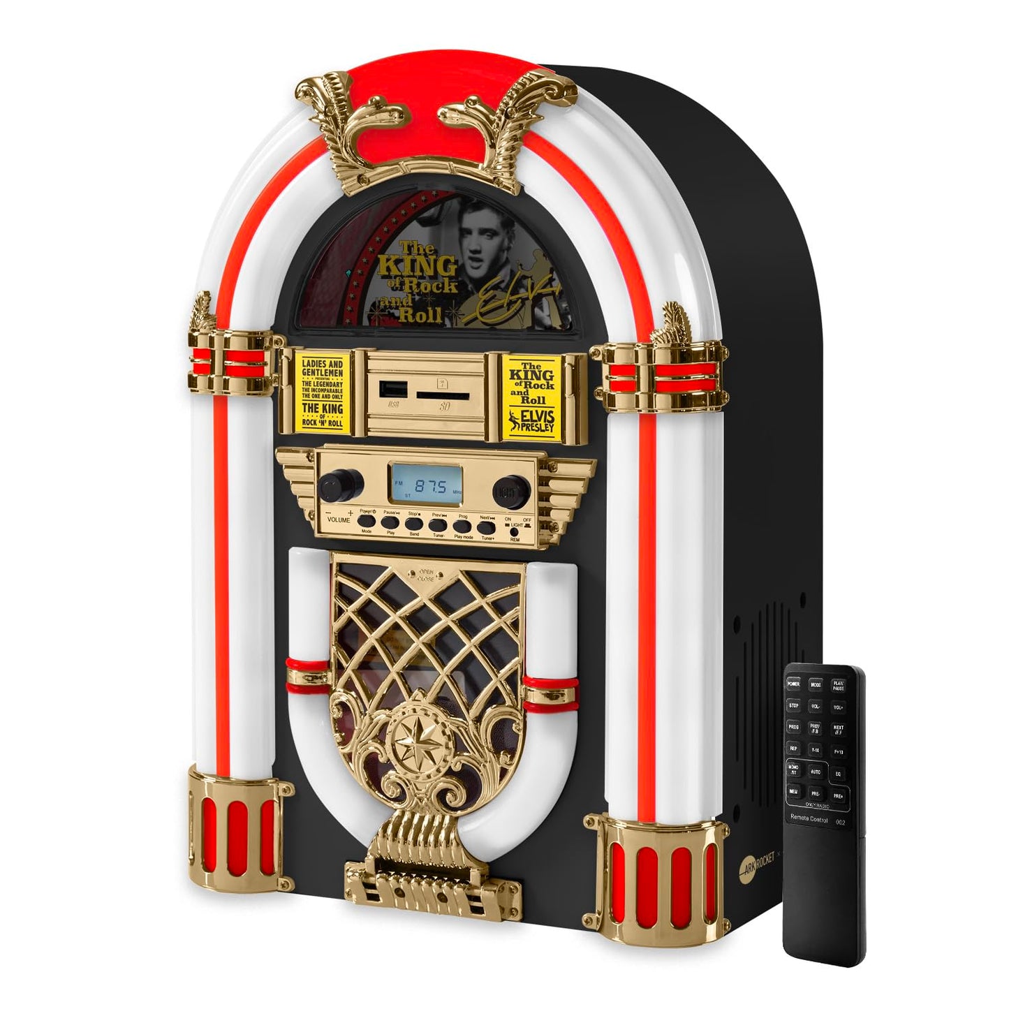 Arkrocket x Elvis Presley Mini Jukebox/Tabletop CD Player/Bluetooth Speaker/Radio/USB and SD Card Player with Retro LED Lighting System (Limitied Edition) Black Gloden