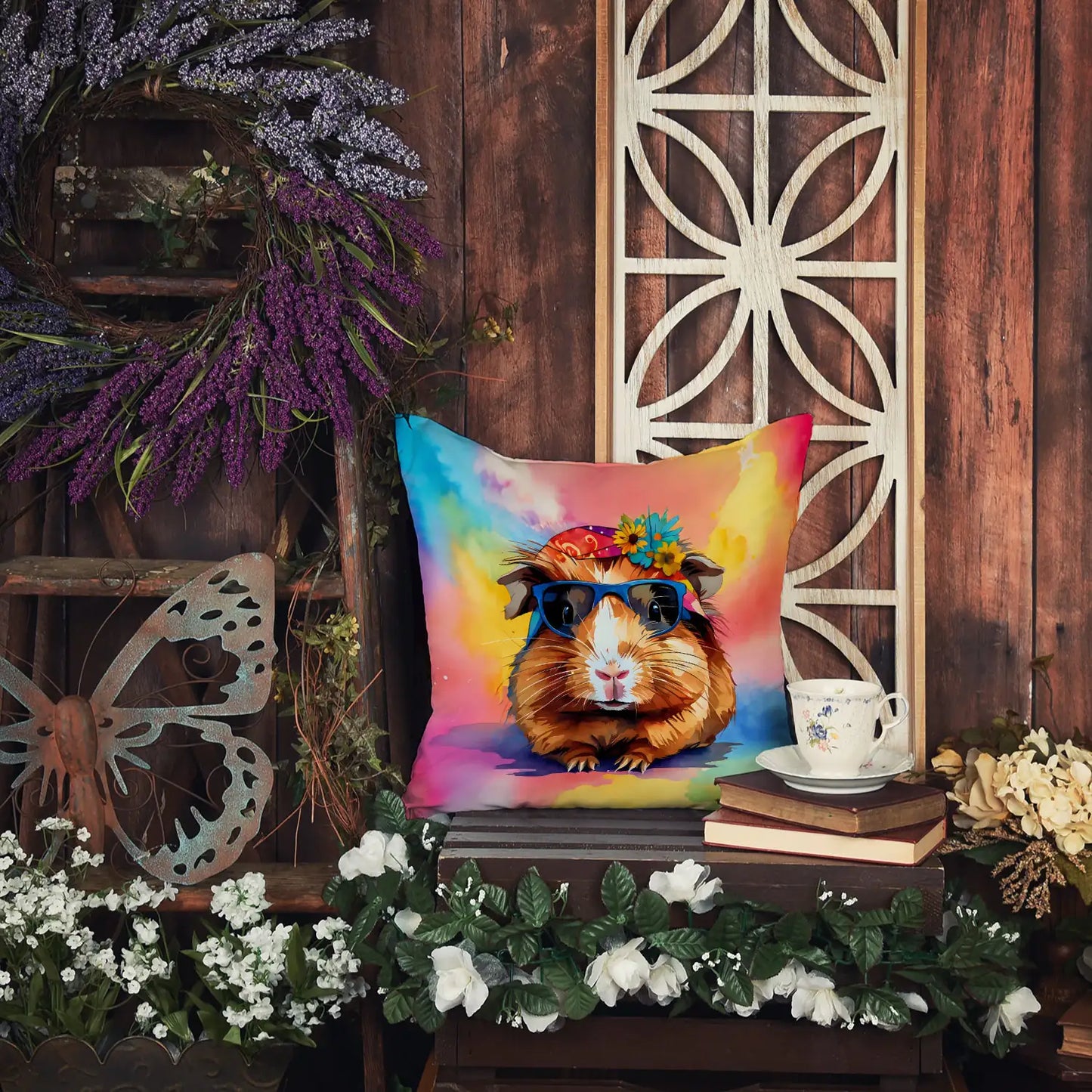 Hippie Animal Guinea Pig Throw Pillow 14 in x 14 in